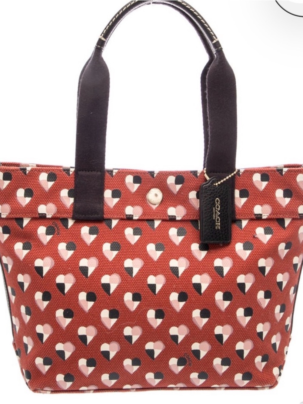 Coach Red Heart-Print Canvas Tote with Black Handles